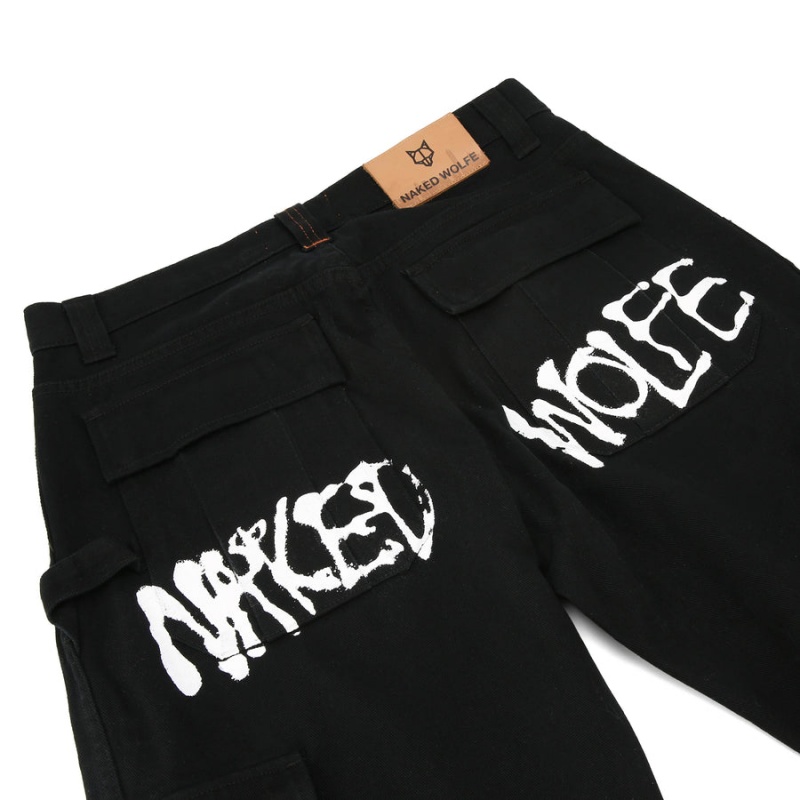 Spodnie Naked Wolfe Baggy Pocket Cargo Logo Męskie Czarne | DZV9254YL